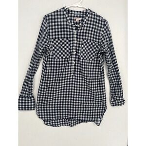 Merona Womens Navy Blue White Gingham Cotton Tunic Top Long Sleeve Size M